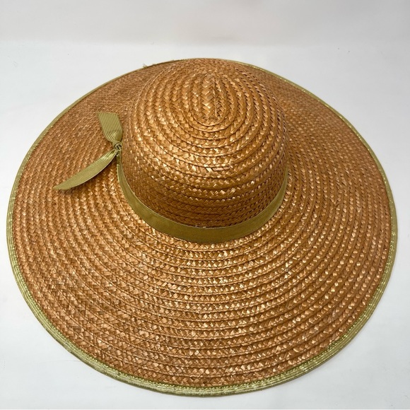 Vintage Wide Brim Straw Hat | Metallic Gold Ribbon Trim Sun Hat | Boho Resort - Picture 6 of 9